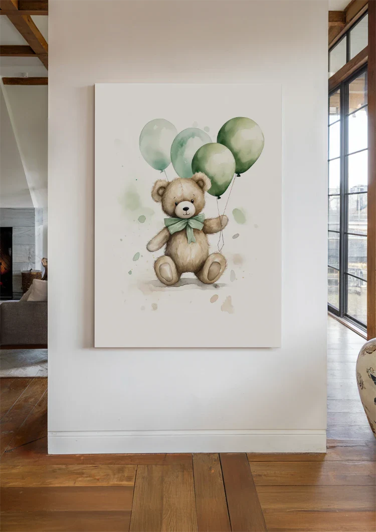 Niedlicher Teddybär Brauner Pelz Grüne Ballons Schleife Kinderzimmer Gemälde