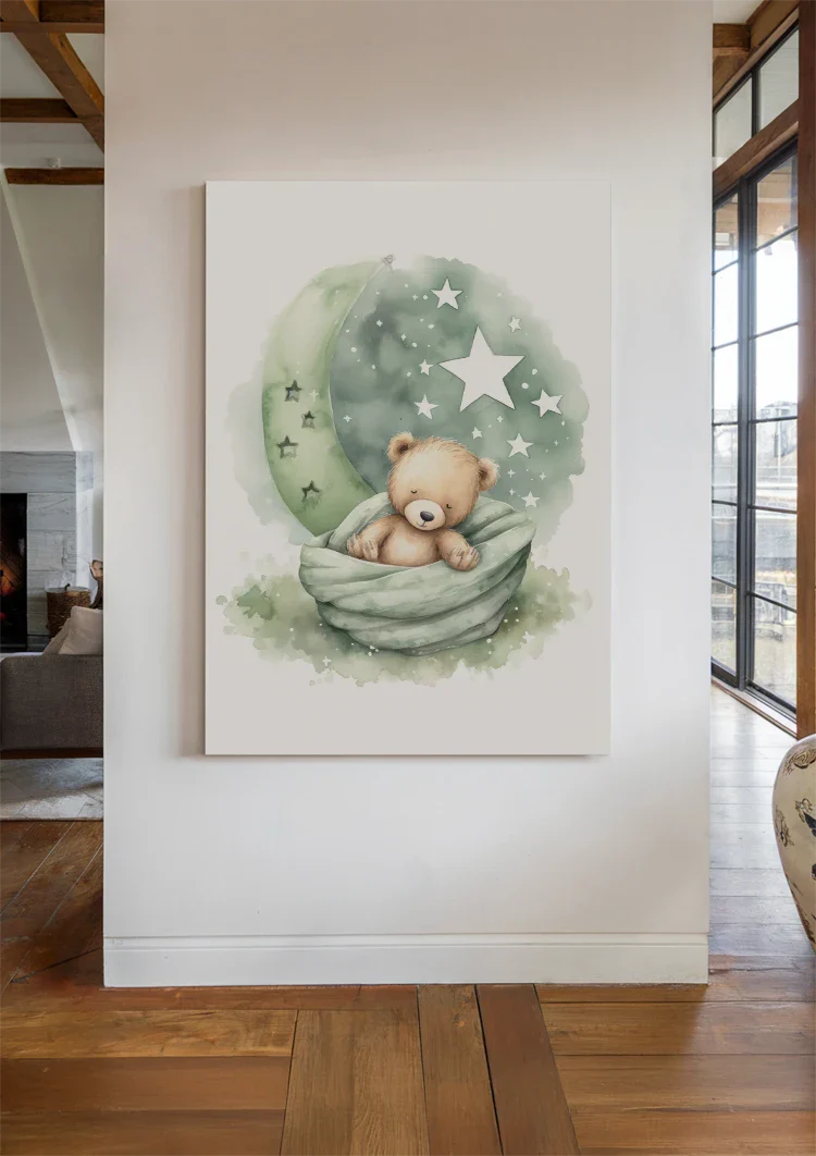 Schlafender Teddybär Grüne Mond Sterne Decke Verträumtes Kinderzimmer Gemälde
