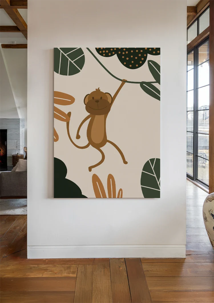 Lachender Affe Liane Grüne Blätter Verspielter Dschungel Kinderzimmer Gemälde