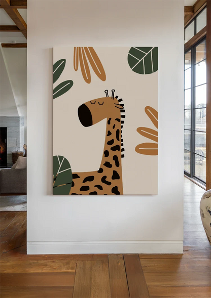 Niedliche Giraffe Geschlossene Augen Tropische Blätter Erdtöne Kinderzimmer Bild