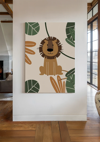 Niedliche Löwen-Illustration Tropische Blätter Dschungel Kinderzimmer-Gemälde