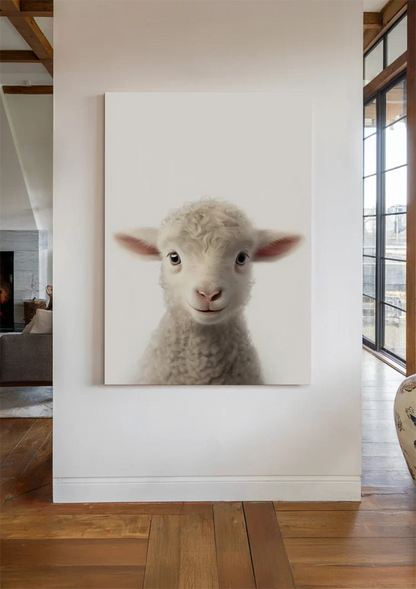 Niedliches Lamm Lockige Wolle Rosa Ohren Weiß Porträt Minimalistisches Gemälde
