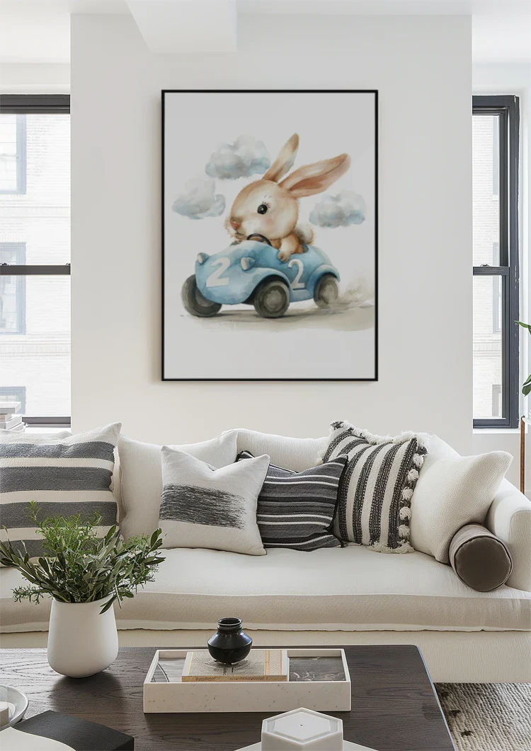 Cute Bunny in Blue Race Car Nursery Illustration Painting