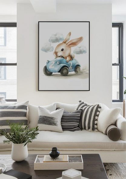 Cute Bunny in Blue Race Car Nursery Illustration Painting