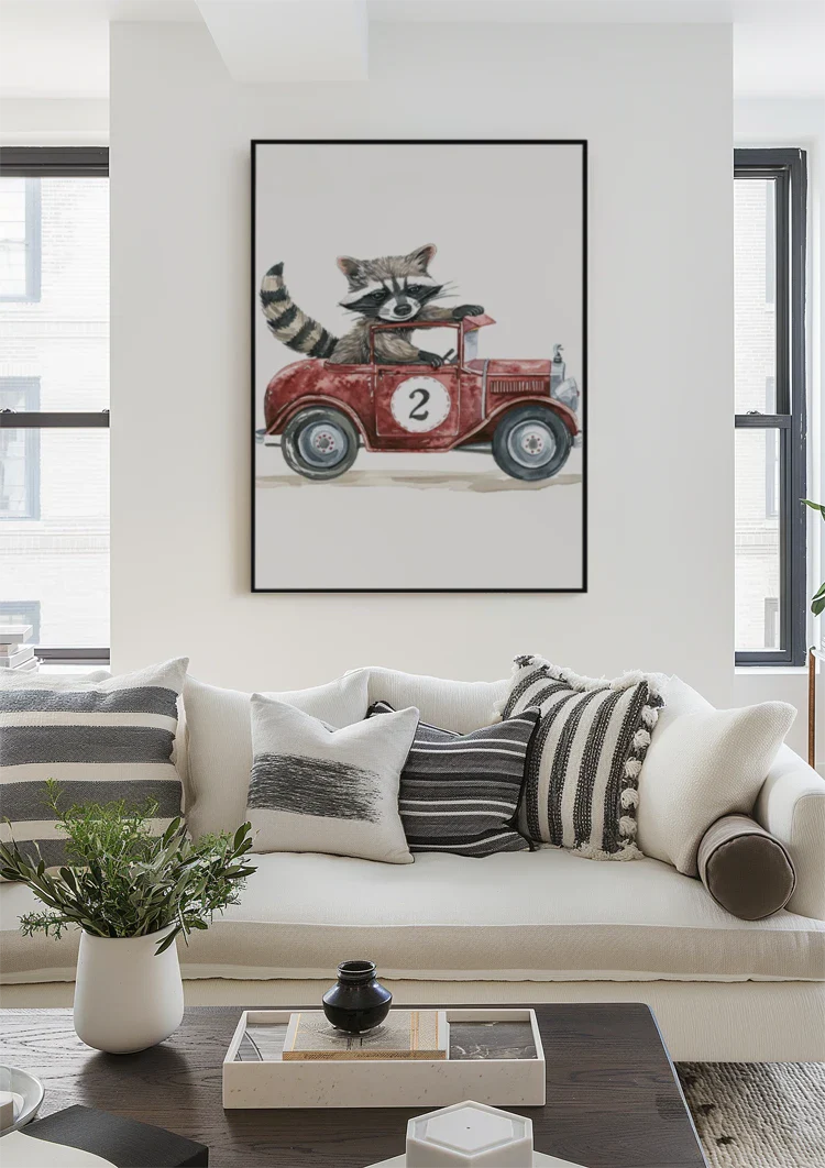 Niedliches Waschbär Rotes Vintage-Rennwagen Kinderzimmer Wandbild