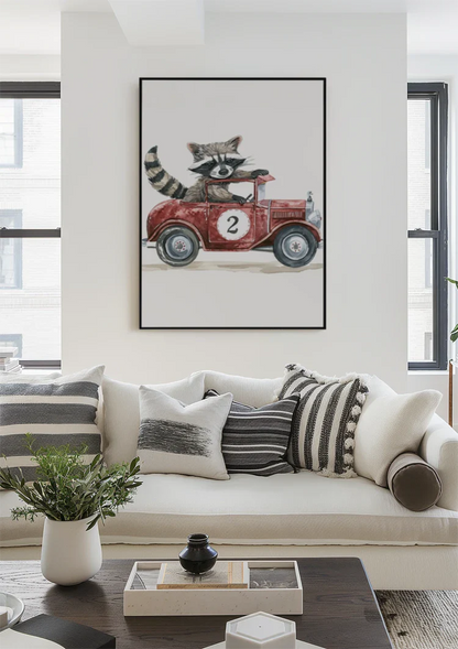 Niedliches Waschbär Rotes Vintage-Rennwagen Kinderzimmer Wandbild
