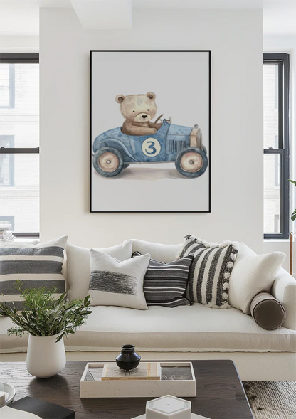 Teddybär Blaues Rennauto Kinderzimmer Aquarellmalerei