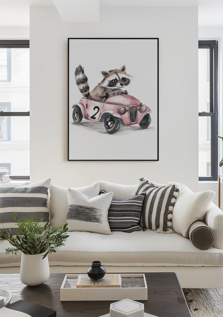 Niedliches Waschbär Rosa Oldtimer Kinderzimmer Gemälde