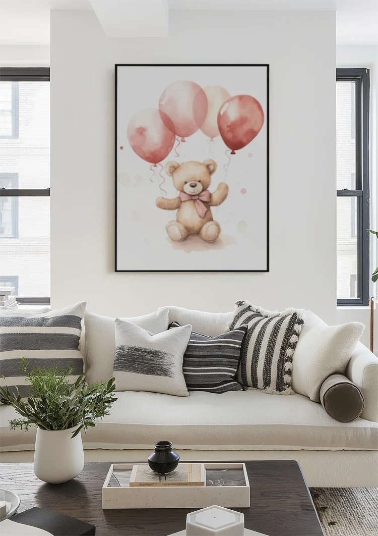 Teddybär Rosa Ballons Aquarell Niedliches Kinderzimmer Gemälde