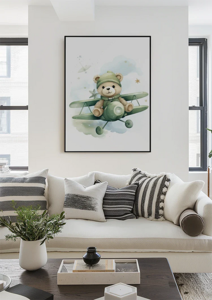 Teddybär Grün Flugzeug Sterne Kinderzimmer Aquarellmalerei