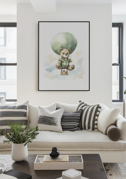Teddybär Grüner Heißluftballon Aquarell Kinderzimmer Gemälde