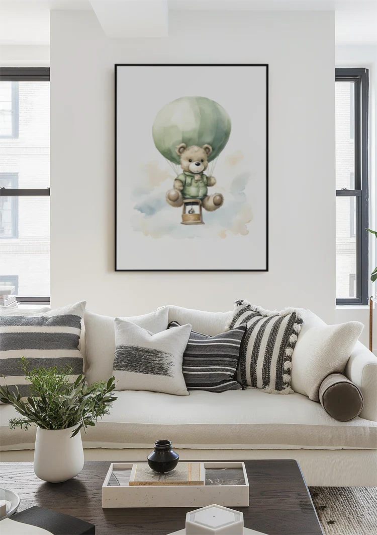 Teddybär Grüner Heißluftballon Wolken Kinderzimmer Aquarell Gemälde