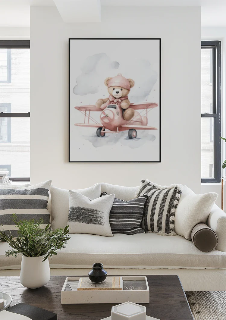 Teddybär Rosa Flugzeug Wolken Kinderzimmer Aquarell Malerei