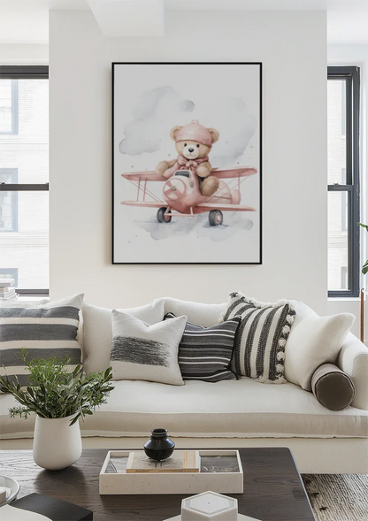 Teddybär Rosa Flugzeug Wolken Kinderzimmer Aquarell Malerei