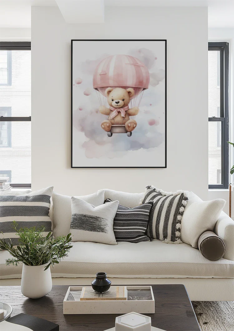 Teddybär Rosa Heißluftballon Kinderzimmer Aquarellmalerei