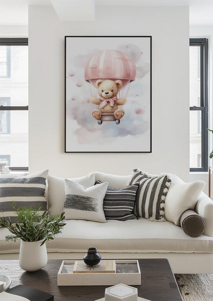 Teddybär Rosa Heißluftballon Kinderzimmer Aquarellmalerei