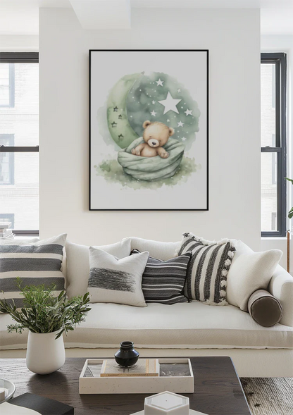Schlafender Teddybär Grüne Mond Sterne Decke Verträumtes Kinderzimmer Gemälde
