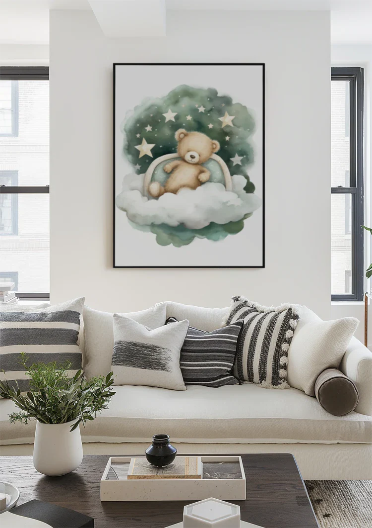 Schlafender Teddybär Wolke Sterne Aquarell Verträumtes Kinderzimmergemälde