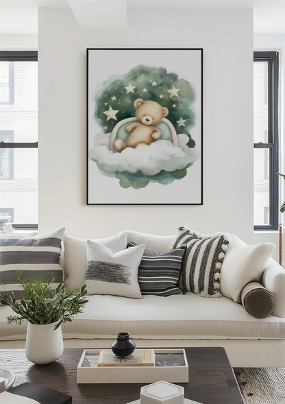 Schlafender Teddybär Wolke Sterne Aquarell Verträumtes Kinderzimmergemälde