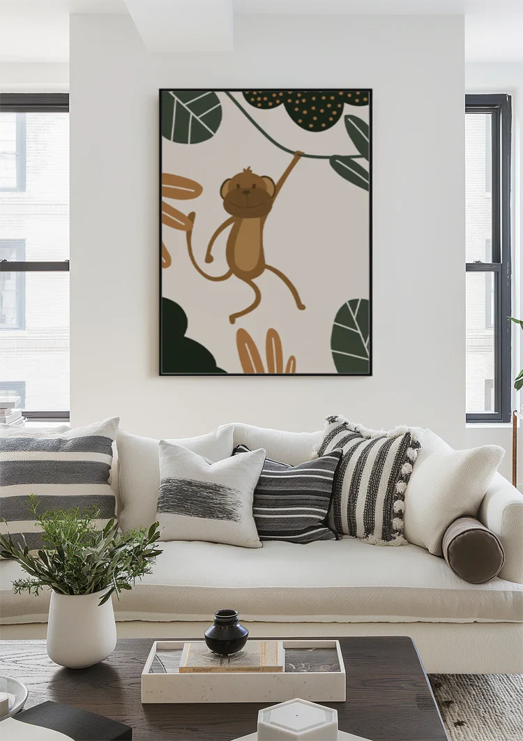 Lachender Affe Liane Grüne Blätter Verspielter Dschungel Kinderzimmer Gemälde