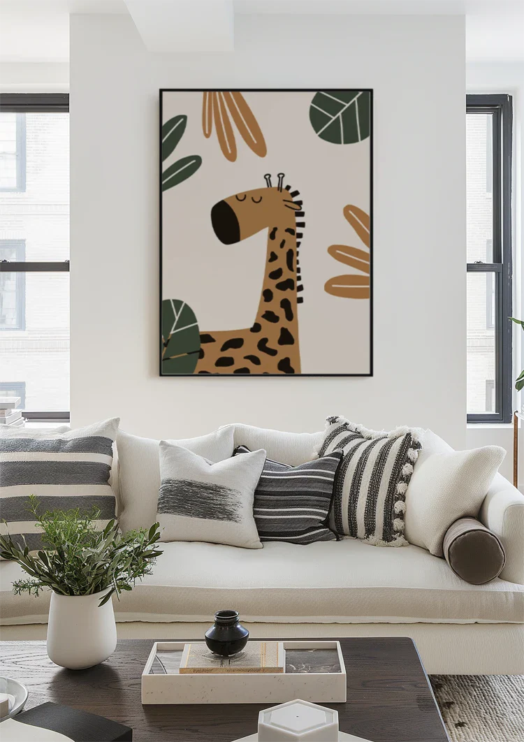 Niedliche Giraffe Geschlossene Augen Tropische Blätter Erdtöne Kinderzimmer Bild