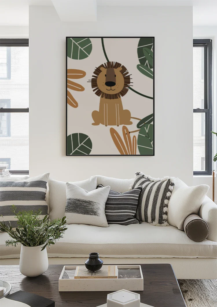 Niedliche Löwen-Illustration Tropische Blätter Dschungel Kinderzimmer-Gemälde