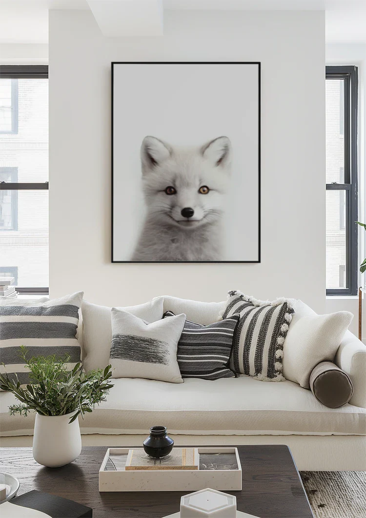 Weißer Fuchs Zwei Farbige Augen Weiches Fell Porträt Minimalistisches Gemälde
