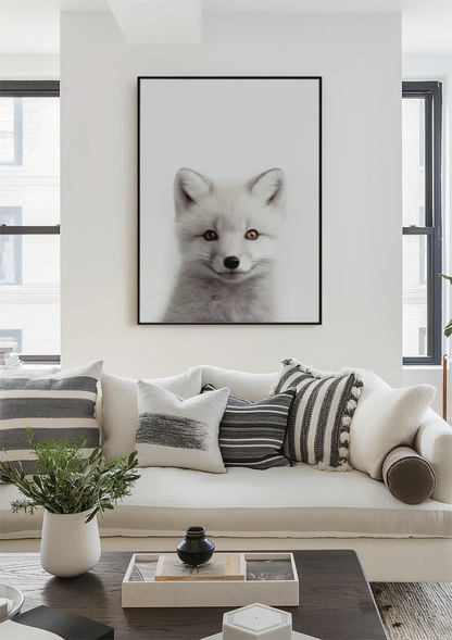 Weißer Fuchs Zwei Farbige Augen Weiches Fell Porträt Minimalistisches Gemälde