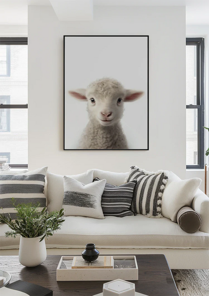 Niedliches Lamm Lockige Wolle Rosa Ohren Weiß Porträt Minimalistisches Gemälde