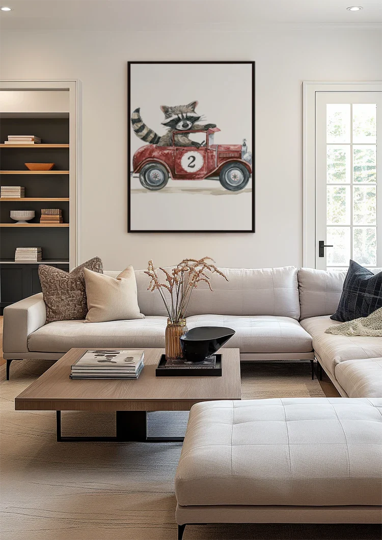 Niedliches Waschbär Rotes Vintage-Rennwagen Kinderzimmer Wandbild