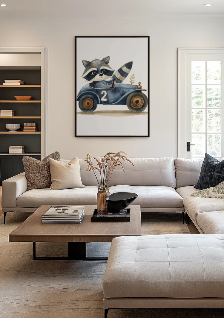 Schattige Wasbeer Blauwe Raceauto Nummer Twee Kinderkamer Schilderij