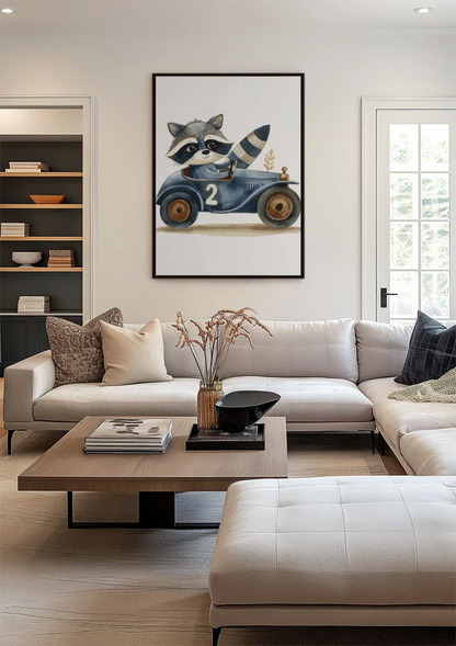 Schattige Wasbeer Blauwe Raceauto Nummer Twee Kinderkamer Schilderij
