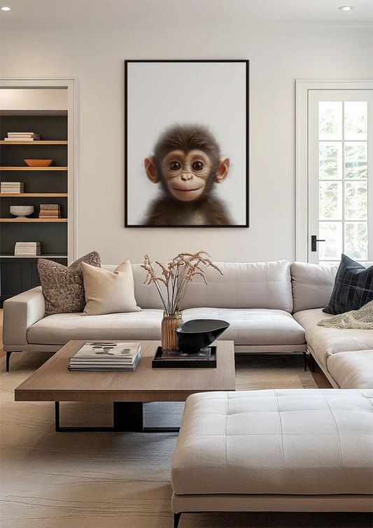 Aapje met grote ogen canvas schilderij aan de muur bij de voordeur in de hal