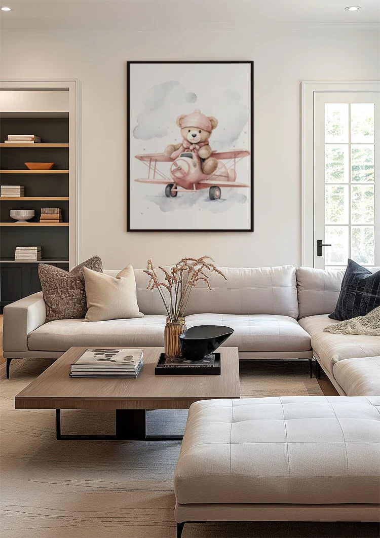 Niedlicher Teddybär Rosa Flugzeug Pilot Kinderzimmer Wandbild