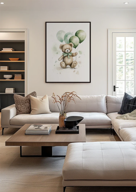 Teddybeer met ballonnen canvas schilderij aan de muur bij de voordeur in de hal