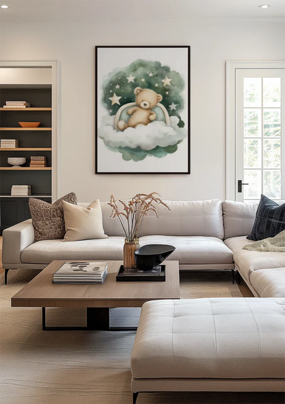 Schlafender Teddybär Wolke Sterne Aquarell Verträumtes Kinderzimmergemälde