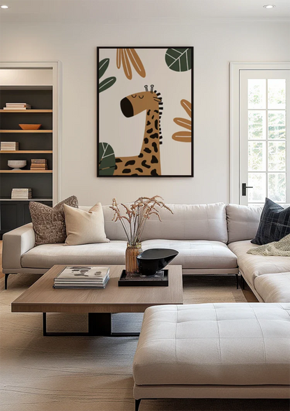 Niedliche Giraffe Geschlossene Augen Tropische Blätter Erdtöne Kinderzimmer Bild