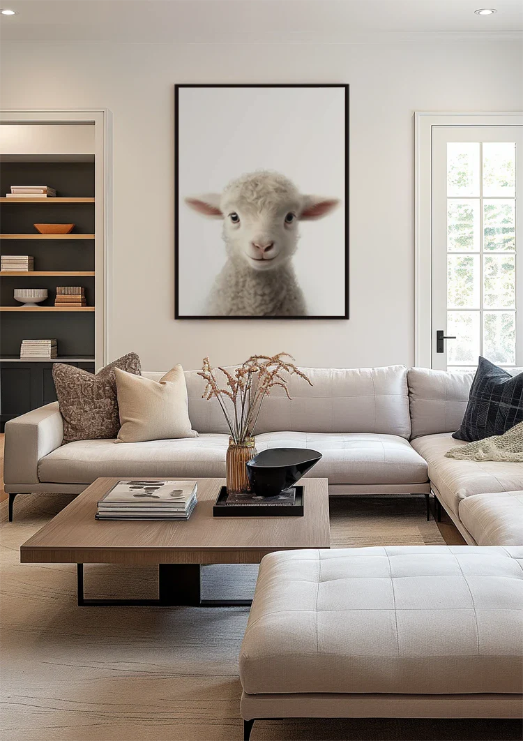 Niedliches Lamm Lockige Wolle Rosa Ohren Weiß Porträt Minimalistisches Gemälde