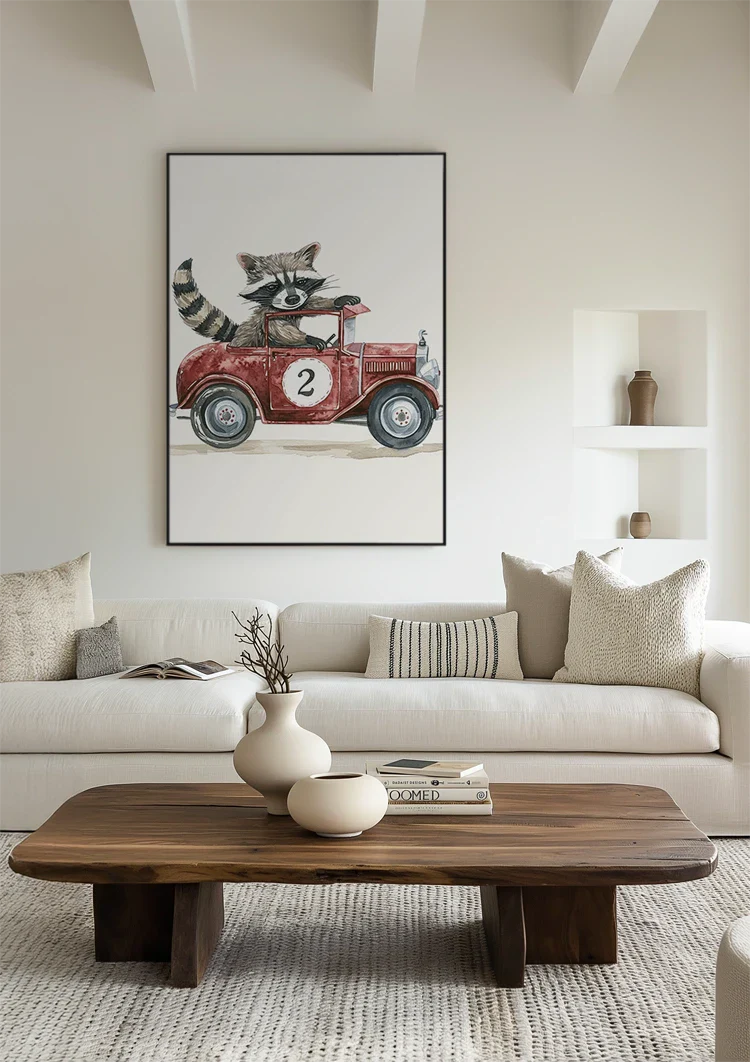 Niedliches Waschbär Rotes Vintage-Rennwagen Kinderzimmer Wandbild