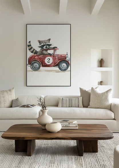 Niedliches Waschbär Rotes Vintage-Rennwagen Kinderzimmer Wandbild
