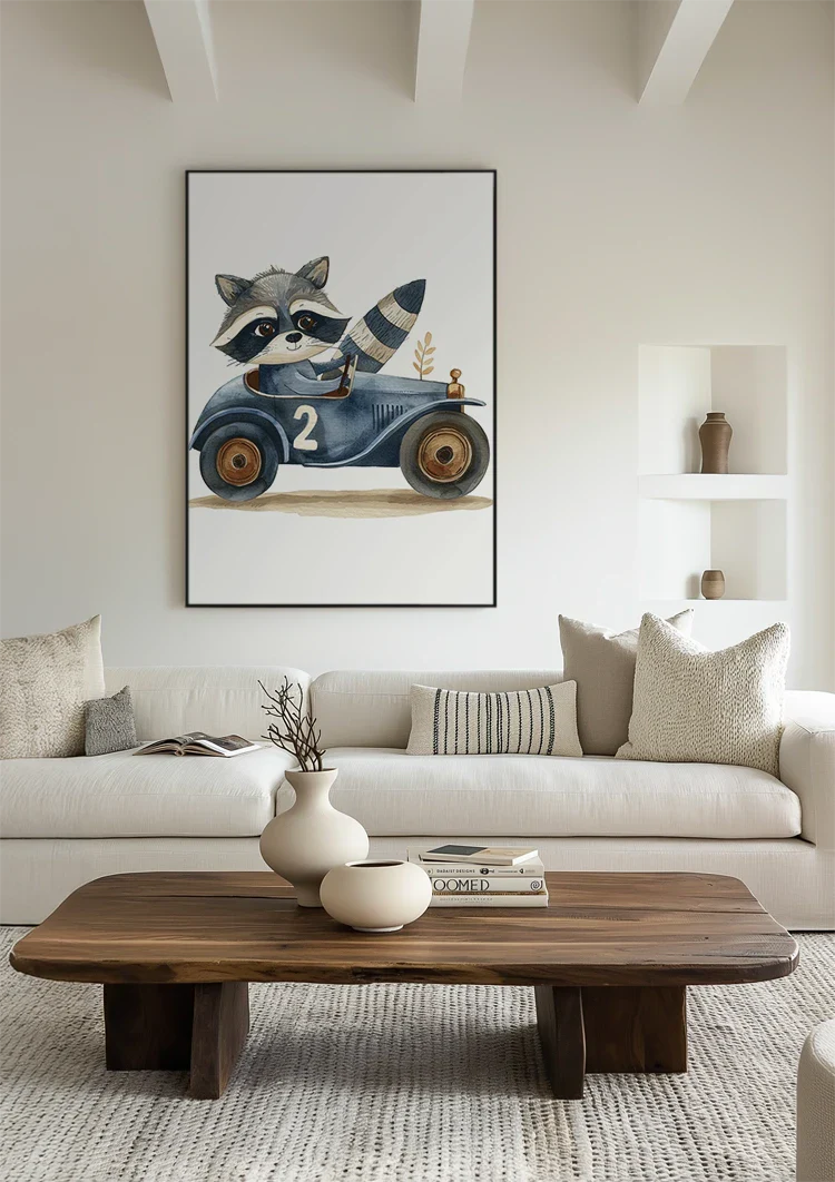 Schattige Wasbeer Blauwe Raceauto Nummer Twee Kinderkamer Schilderij