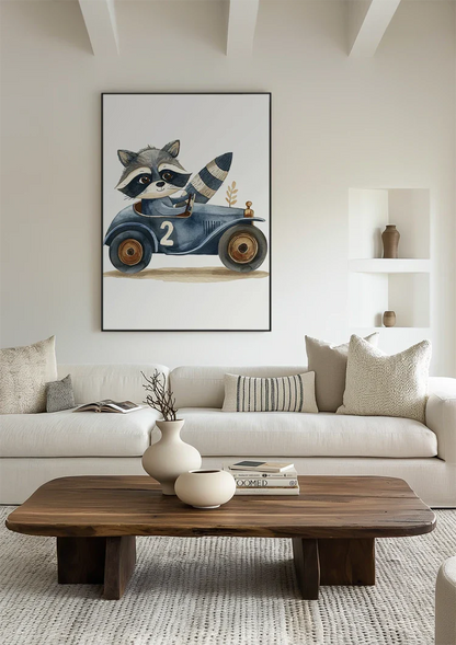 Schattige Wasbeer Blauwe Raceauto Nummer Twee Kinderkamer Schilderij