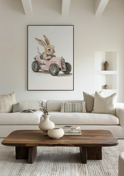Cute Rabbit Pink Vintage Car Nursery Painting