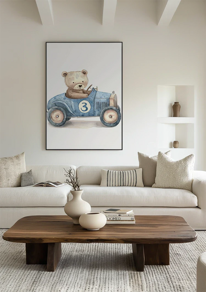 Niedlicher Teddybär Blaues Vintage-Rennauto Kinderzimmer Bild