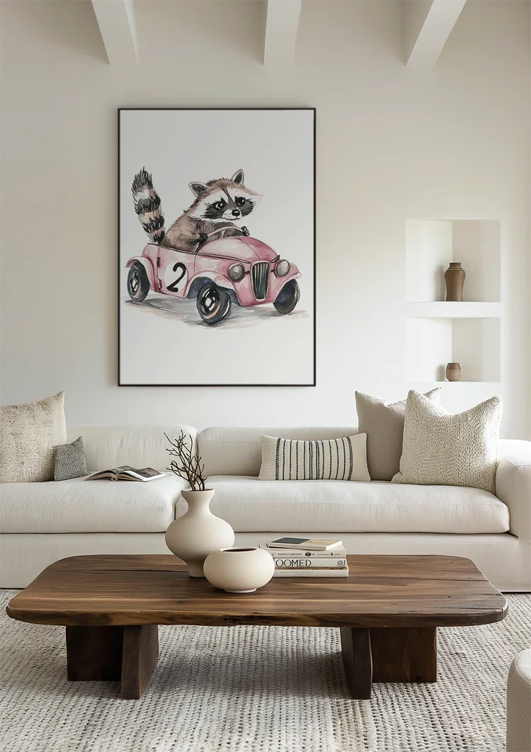 Niedliches Waschbär Rosa Oldtimer Kinderzimmer Gemälde