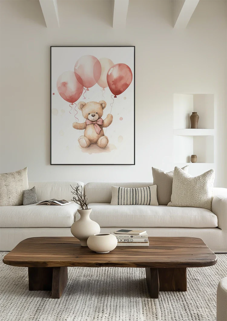 Teddybär Rosa Ballons Aquarell Niedliches Kinderzimmer Gemälde