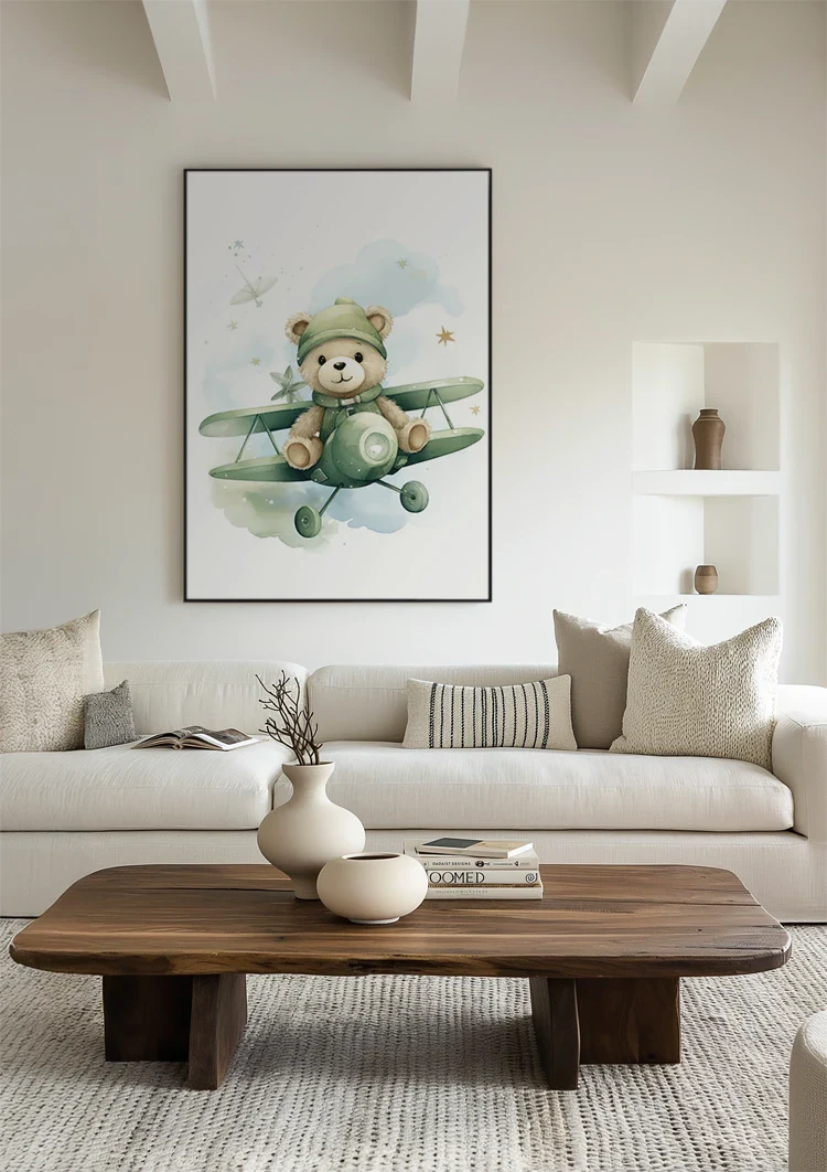 Teddy Bear Green Airplane Pilot Watercolor Nursery Painting