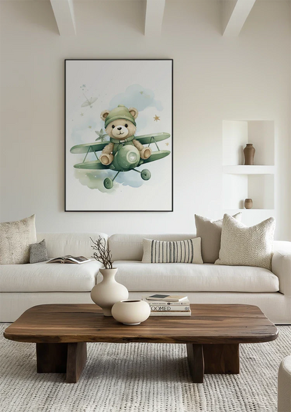 Teddy Bear Green Airplane Pilot Watercolor Nursery Painting