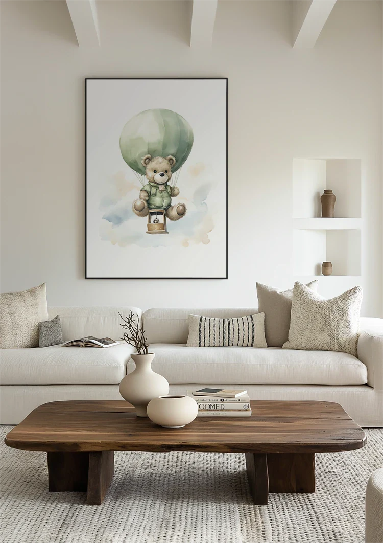 Teddybär Grüner Heißluftballon Wolken Kinderzimmer Aquarell Gemälde