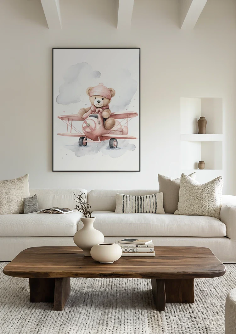 Teddybär Rosa Flugzeug Wolken Kinderzimmer Aquarell Malerei